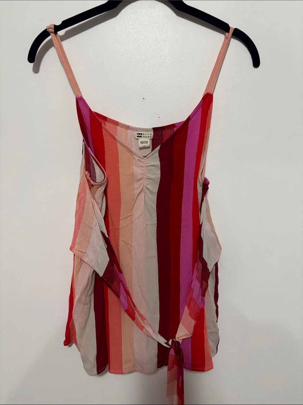 Billabong Striped Cami Tank Top Large L Tie Front Cinch Bust Pink Red Coastal